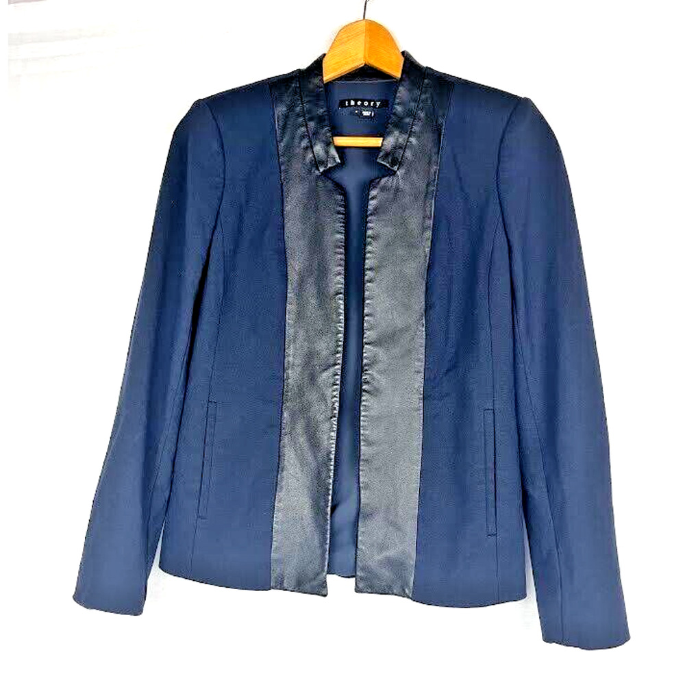THEORY Cirilo Navy with Black Lamb Leather Trim Blazer size 2 Small
